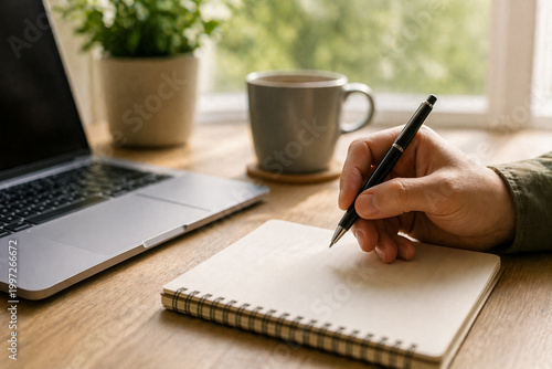 Close-up of hand holding pen above blank notebook next to laptop and coffee, soft natural light, minimalist workspace, thinking and planning concept.