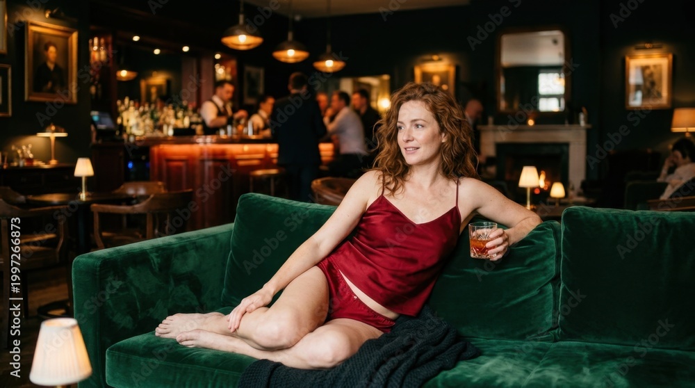 © Fiverr/fazilazia703 - Elegant woman in red silk lingerie relaxing on a green velvet sofa, enjoying a cocktail in a sophisticated, dimly lit bar with a bustling background.