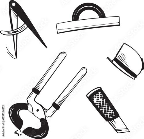 PrintEngineering tool silhouette set,
Compass protractor plier knife icons,
Sharp black line vector art,