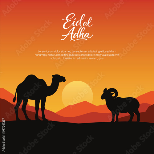 Eid al Adha Greeting with Camel and Ram Silhouettes at Sunset Desert Landscape