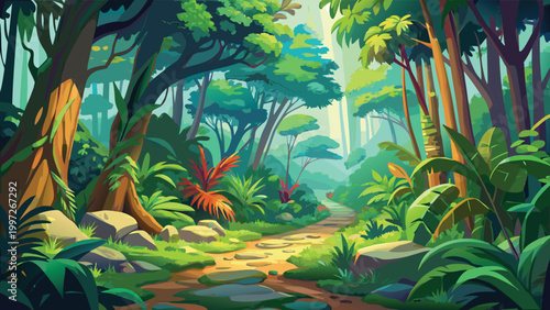 Lush tropical rainforest landscape with a small dirt path winding through green trees and plants in a sunny morning light Vector
