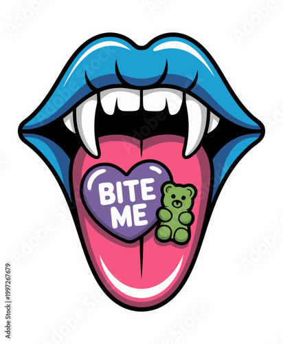 A stylized cartoon sticker design of vampire-like lips with bright blue iridescent coloring and white fangs against a black background