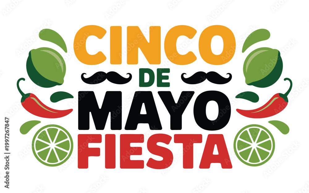 Naklejka premium Cinco de mayo fiesta lettering with lime, chili and mustache.