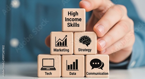 Stack of wooden blocks representing high income skills like marketing, strategy, tech, data, and communication, with a hand placing the top block.