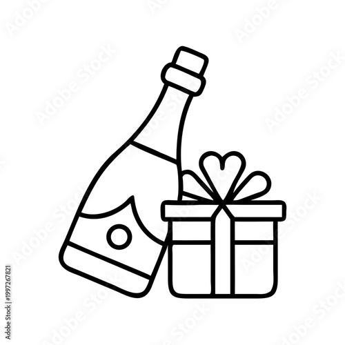 Champagne bottle and gift box for celebration, minimalistic line art style, black and white
