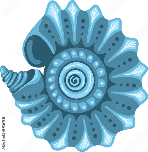 Blue spiral seashell with decorative ridges and detailed marine shell isolated
