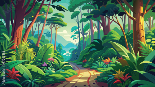 Beautiful lush green tropical forest landscape with a winding path through the dense trees under bright morning light Vector