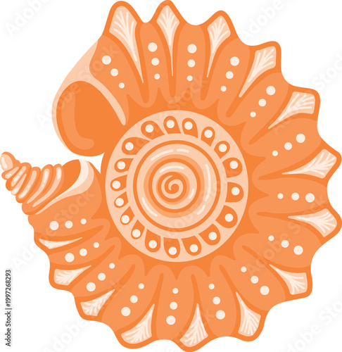 Orange spiral seashell with decorative ridges detailed marine shell isolated