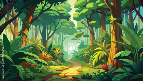 A beautiful lush green jungle forest landscape with a small dirt path winding through tall tropical trees and bright plants Vector