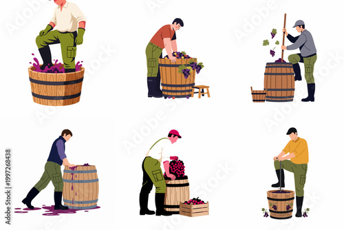 Set of flat illustrations depicting men engaged in traditional winemaking processes, including grape crushing and juice preparation in wooden barrels.