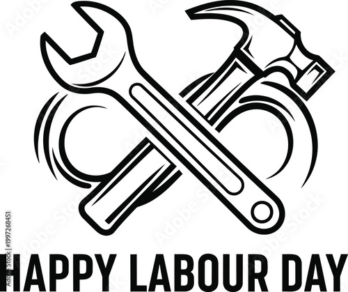 A minimalist vector graphic illustration of crossed tools celebrating Labour Day