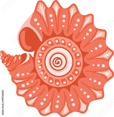 Red spiral seashell with decorative ridges detailed marine shell isolated