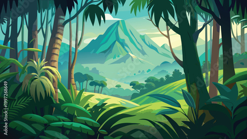 Beautiful tropical jungle forest landscape with a large mountain peak in the distance under a bright morning summer sky Vector