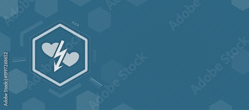 Abstract concept background featuring a hexagonal icon of two hearts separated by a lightning bolt, symbolizing emotional turmoil, heartbreak, or relationship conflicts.