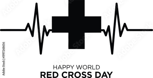 A vector graphic illustration of a Red Cross Day logo with a heartbeat line and cross symbol