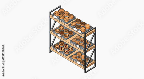 Isometric vector illustration of a bakery rack displaying a variety of delicious baked goods