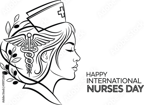 A vector graphic illustration of a nurse's head with a medical symbol and leaves, celebrating International Nurses Day