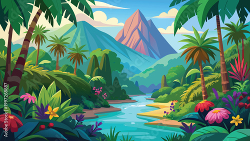 Beautiful tropical landscape with a flowing river and tall mountain peak surrounded by green palm trees and bright flowers Vector