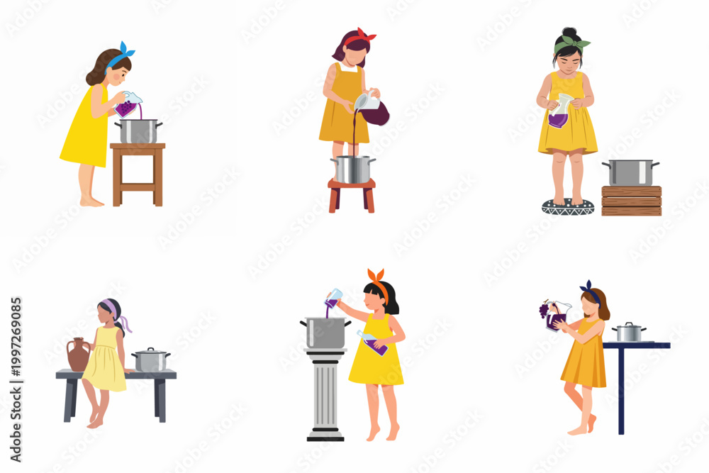 Fototapeta premium Set of flat vector illustrations depicting young girls in yellow dresses pouring juice or wine into pots, symbolizing traditional homemade beverage preparation.