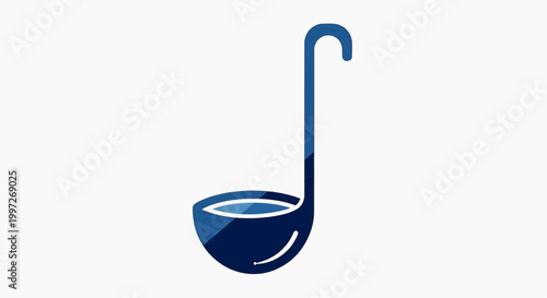A blue ladle with a semi-circular bowl filled with a light blue liquid, symbolizing kitchenware and serving utensils