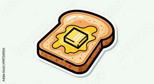 Vibrant graphic illustration of a perfectly golden brown toast slice topped with a generous pat of melting yellow butter, a classic comforting breakfast food
