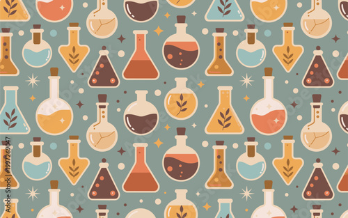 A mesmerizing display of various colorful laboratory flasks and beakers filled with liquids and plants on a blue background with stars and sparkles.