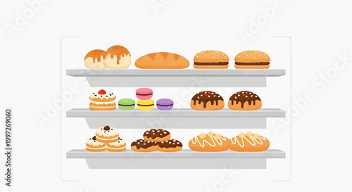 Bakery display with shelves of baked goods, including pastries, breads, donuts, macarons, and cakes. Flat illustration of a sweet treat assortment