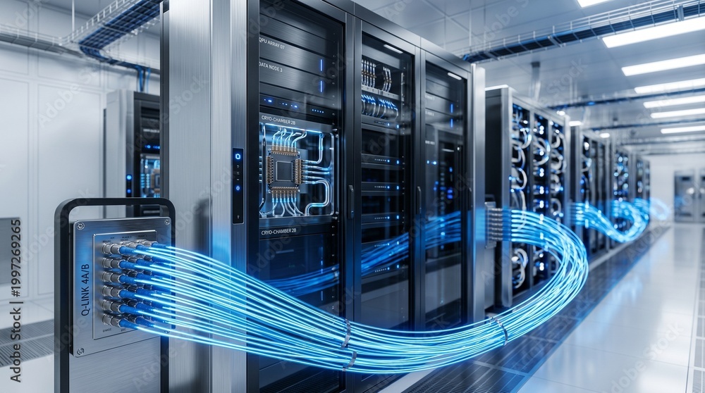 Fototapeta premium Data center, server room, technology infrastructure, blue cables