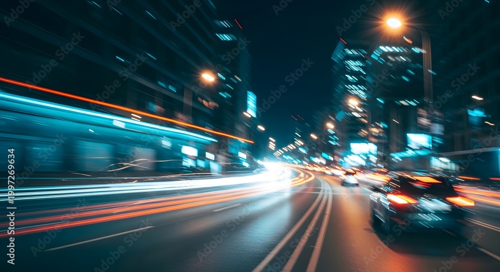 Fototapeta premium Dynamic night cityscape a long exposure captures the energy of urban transportation and illuminated buildings