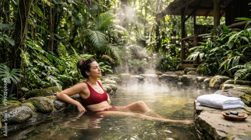 Fototapeta premium Serene young woman relaxing in a natural hot spring surrounded by lush tropical rainforest foliage, steam rising from the warm thermal waters for a perfect wellness escape.