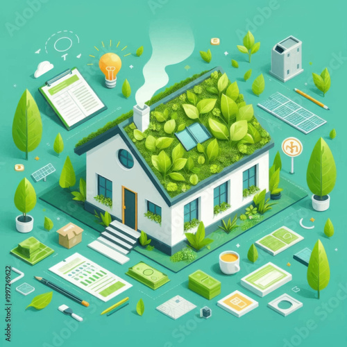 Isometric Sustainable Green House Illustration with Living Roof, Solar Panels and Eco-Friendly Energy Concept for Environmental Conservation and ESG Business