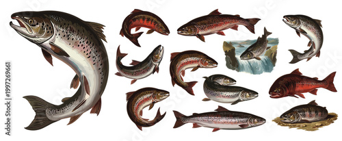 Salmon and trout species collage with jumping and swimming fish