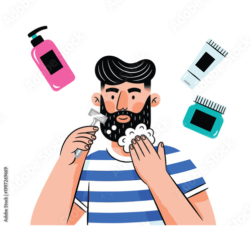Bearded man shaving with shaving foam and grooming products around him