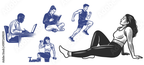 Fitness and Wellness Activities with Woman Exercising and People Studying