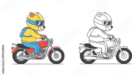 Cute Cartoon Bear Character Riding a Motorcycle Illustration Set Featuring Colored Version and Black and White Line Art for Kids Coloring Book Page and Graphic Design Assets