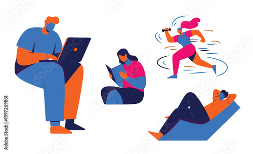 People using devices and reading in relaxed settings