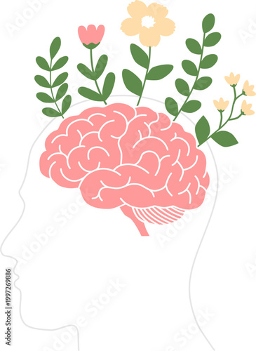 illustration of brain with flowers growing