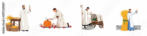 Картината върху платно Collection of religious figures in traditional robes performing various harvest blessing rituals with wheat, pumpkins, vegetables, and baskets on white background