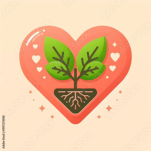 Sustainability and Love Concept: Green Seedling with Roots Growing inside a Large Red Heart Symbol, Flat Vector Illustration for Ecology, Charity, and Environmental Care
