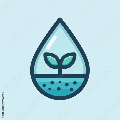 Eco-friendly water droplet icon with a green sprout growing inside, symbolizing sustainability, environmental conservation, and clean water growth.