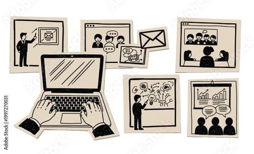 Laptop with team collaboration sketches and video conference panels