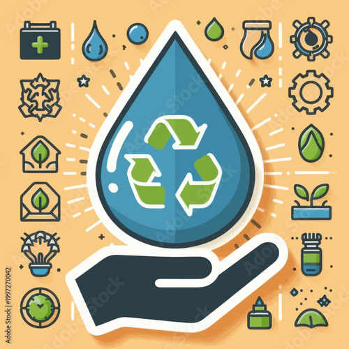 Water Conservation and Recycling Concept Illustration with Hand Holding Water Drop and Sustainability Icons. Eco-friendly Environmental Resource Management Graphic.