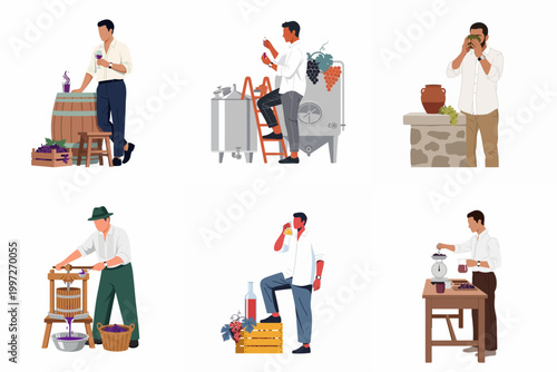 Professional winemakers and sommeliers engaged in various stages of wine production and tasting, illustrated in a modern flat style on a white background.