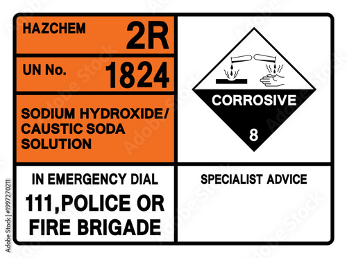 Sodium Hydroxide Caustic Soda Soluton UN 1824 Solution Symbol Sign, Vector Illustration, Isolate On White Background, Label. EPS10
