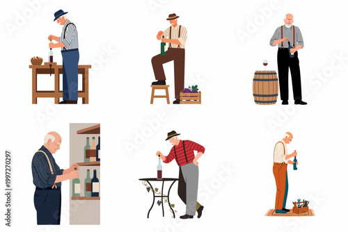 Flat vector illustration set of elderly winemakers engaged in various wine production activities including bottling, corking, and cellar management.