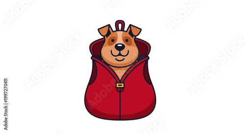 Adorable cartoon dog peeking out of a red jacket, smiling happily.