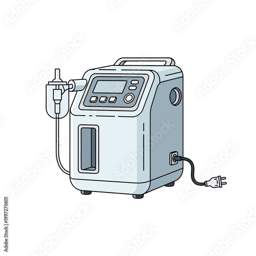 Medical nebulizer machine with digital display and power cord, isolated on white.
