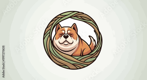 Adorable cartoon dog relaxing inside a woven circular nest illustration.