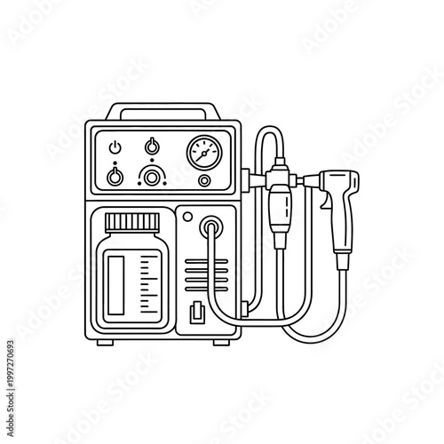 Medical device illustration showing a suction machine with tubes and a handle for medical procedures.