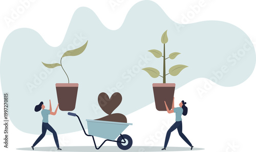 People characters planting trees and plants seedlings.person's life situation and his activities.